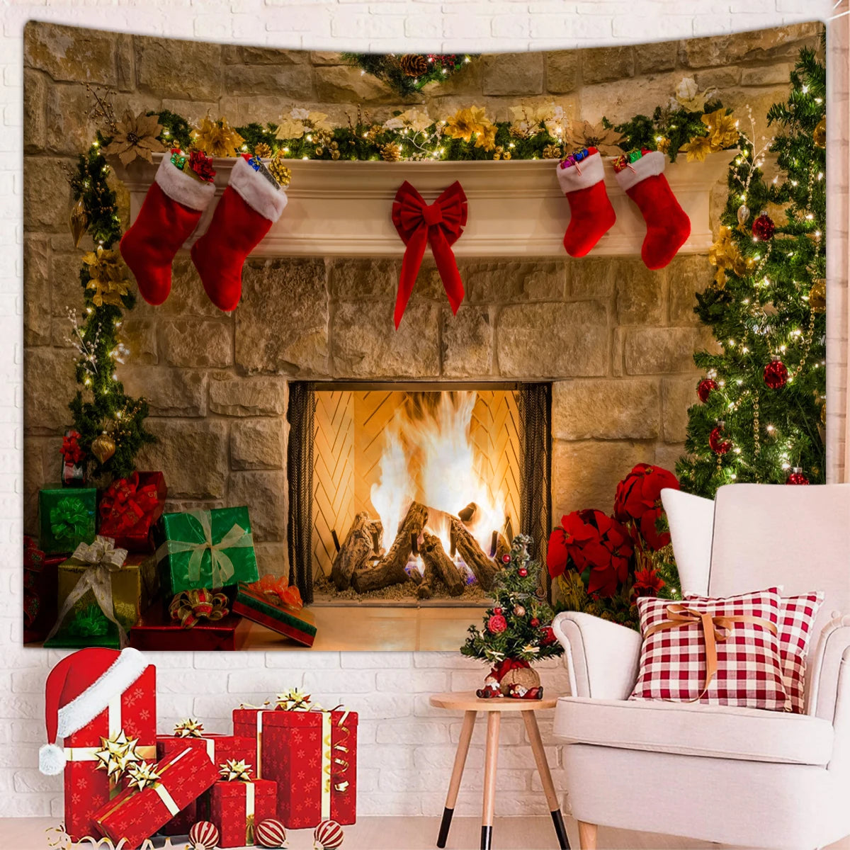 1pc Christmas decoration tapestry, Christmas fireplace Christmas tree tapestry, Christmas shooting background cloth tapestry
