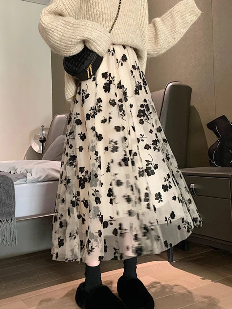 Women's Mesh Flower Skirts 2024 Autumn Winter Lace Flocking Big Swing Elastic High Waist Fashion Elegant A-line White Skirt Dot