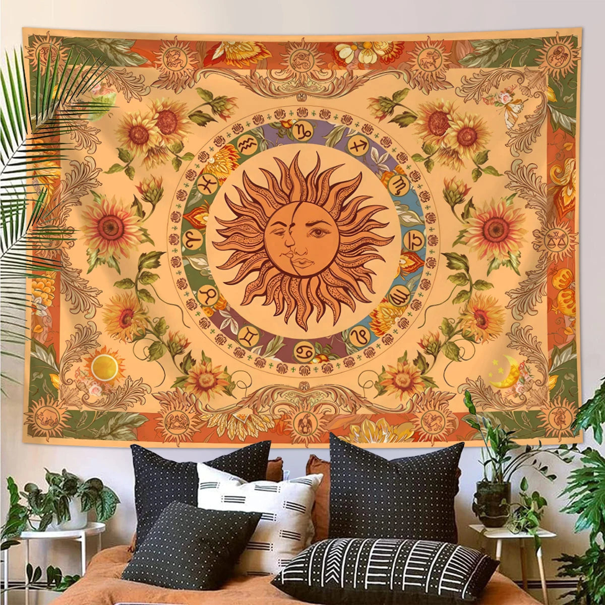1pc Sun Moon Fantasy Tapestry, Retro Ethnic Wave Simia Tapestry, Sunflower Constellation Aesthetic Wall Hanging