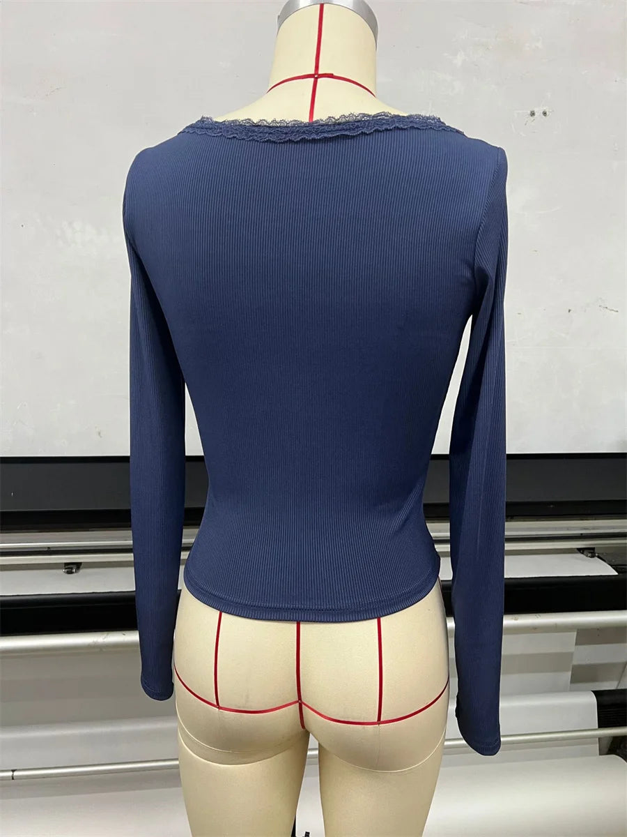 Women's 2026 New Spring Fall Lace Trim Base Blouse V-Neck Button Down Long Sleeve T-shirt Casual Knitted Slim Fit Fashion Top