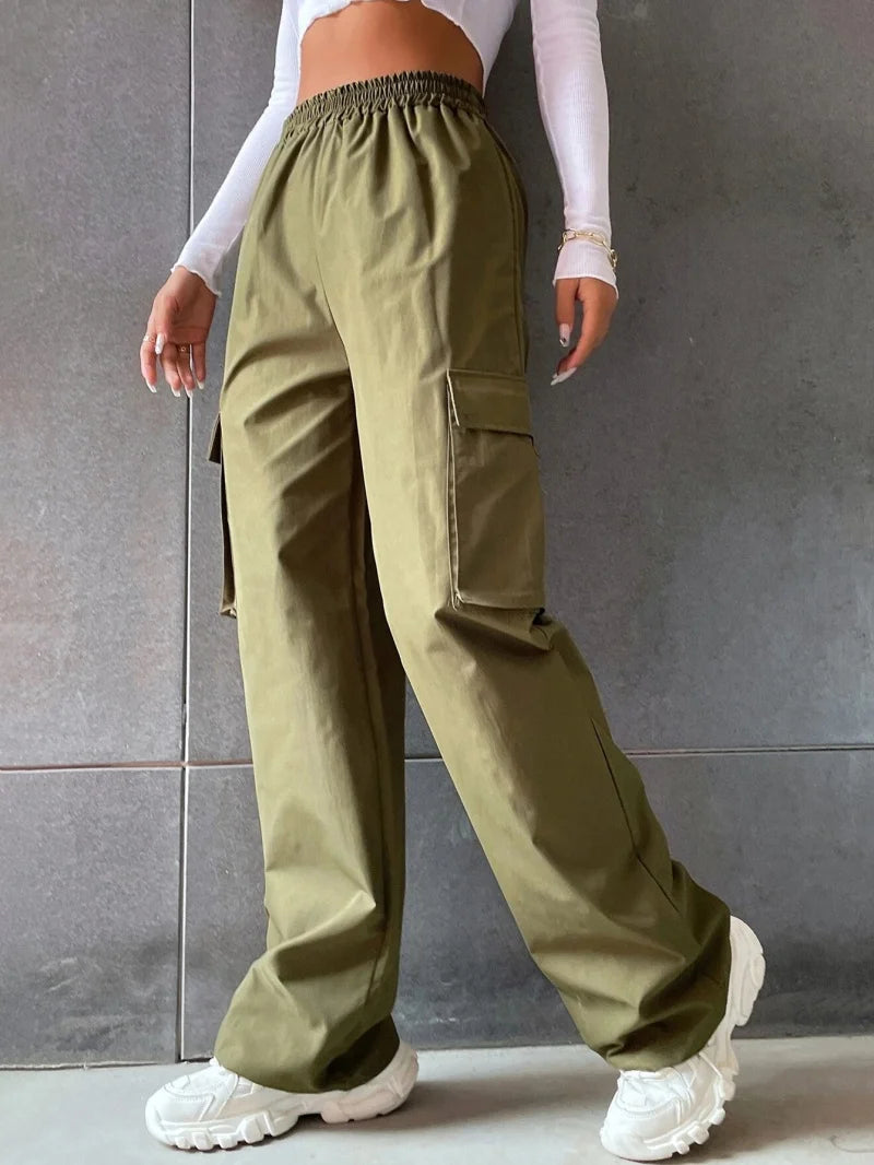 Y2K Solid Ripped Baggy Pants Fashion Women Pocket Elastic Waist Retro Straight Sweatpant Casual Streetwear Cargo New Trousers