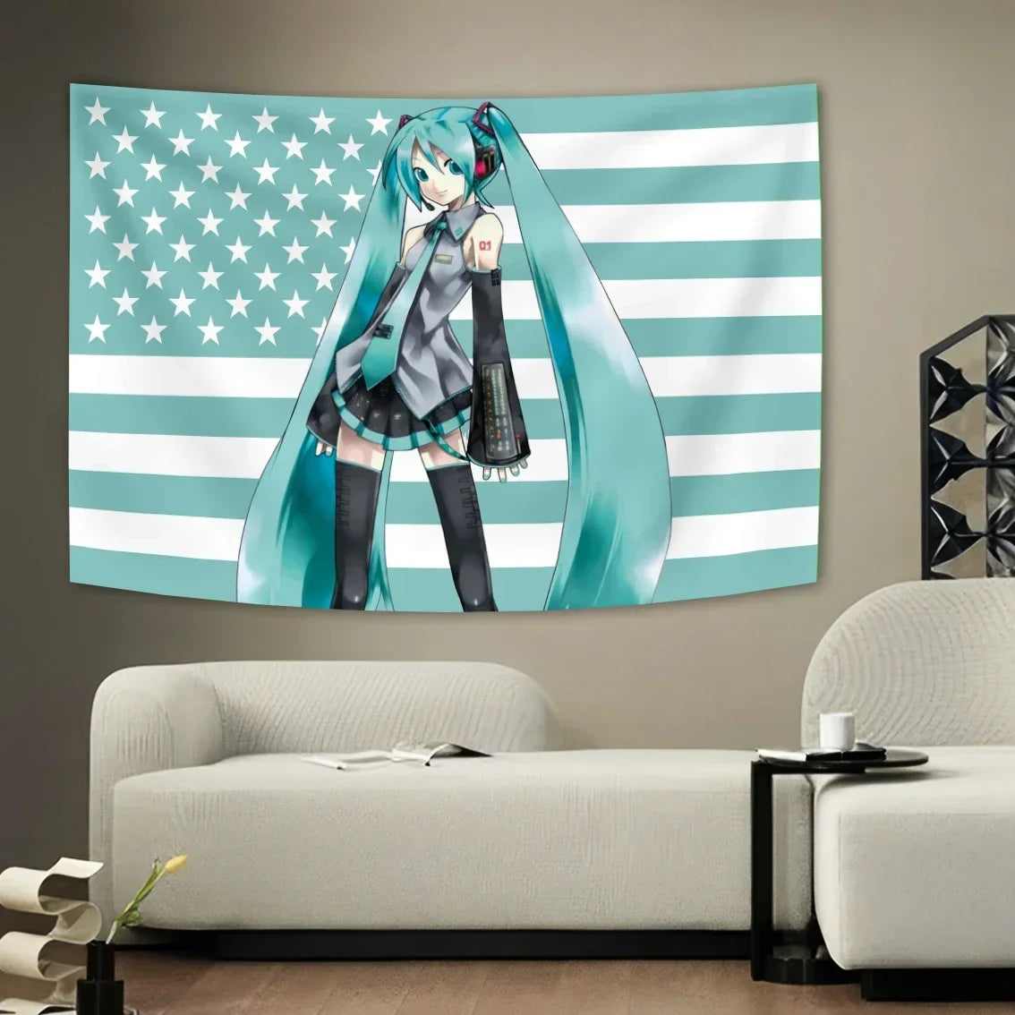 1 Pc Miku American Flag Tapestry Anime Background Decoration Dormitory Bedhead Tapestry Living Room Sofa Background Cloth
