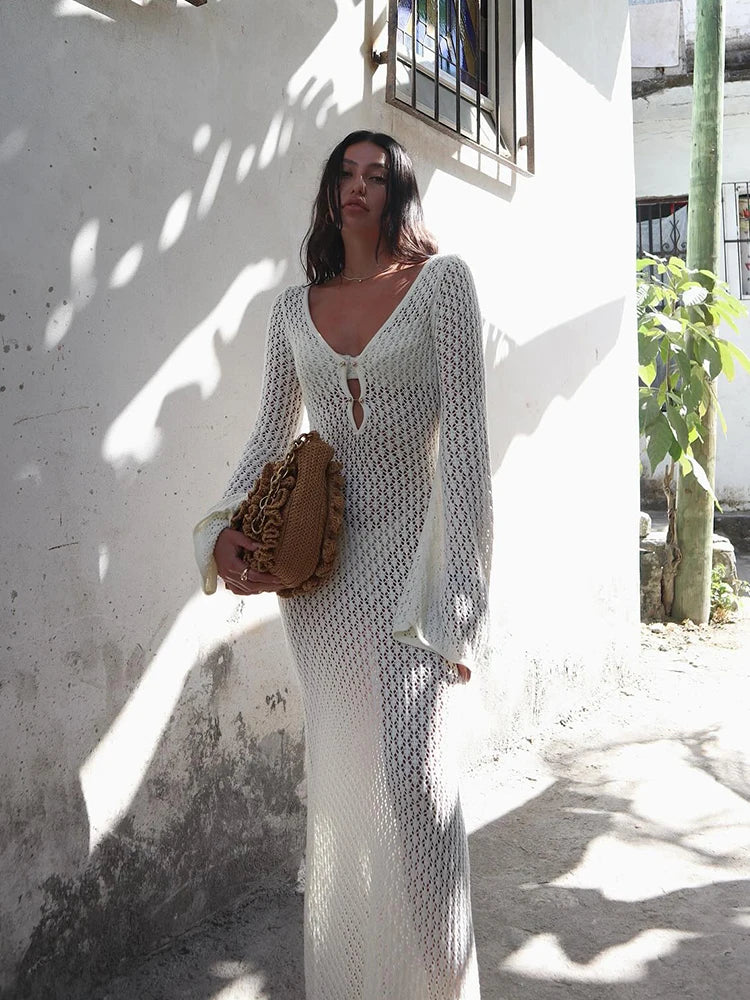 Women's Openwork Knitted Long Dresses 2024 Summer Beach V-Neck Backless Maxi Dress Bikini Cover-ups Beachwear