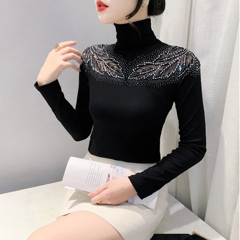 2025 European Station Long Sleeve Women Tees Autumn Winter New Stand collar Hot Diamond T Shirt Fashion Slim Mesh Tops