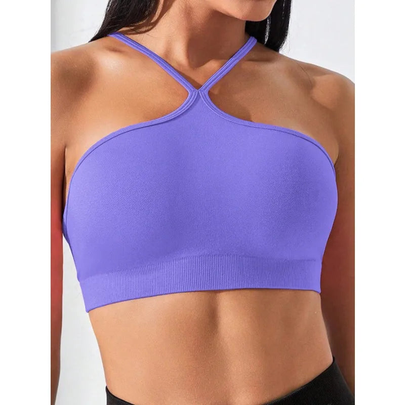 Women's Criss Cross Slim Fit Sports Cami Top Seamless Halter Crop Tee Shirt Tops Workout Tops
