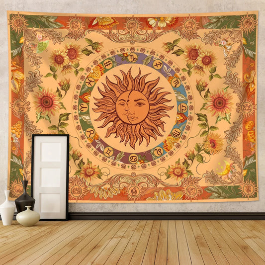 1pc Sun Moon Fantasy Tapestry, Retro Ethnic Wave Simia Tapestry, Sunflower Constellation Aesthetic Wall Hanging