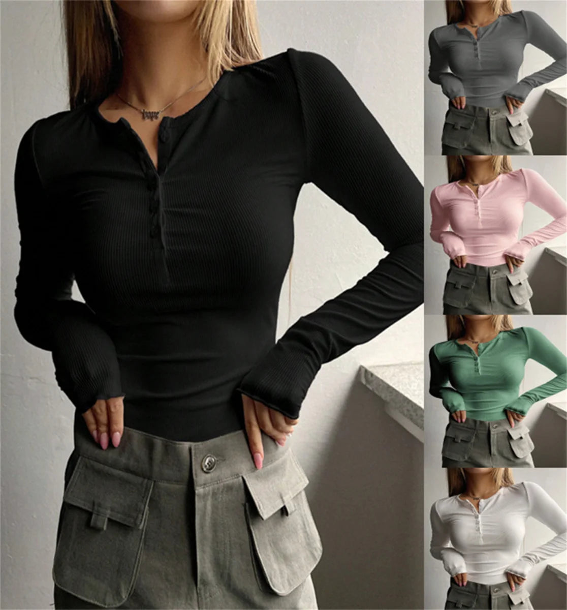 Women's Plain Half Button Front Ribbed Tee Y2K Slim Sexy Basic Pullover Shirt Casual Fit Long Sleeve Round Neck Solid T shirts