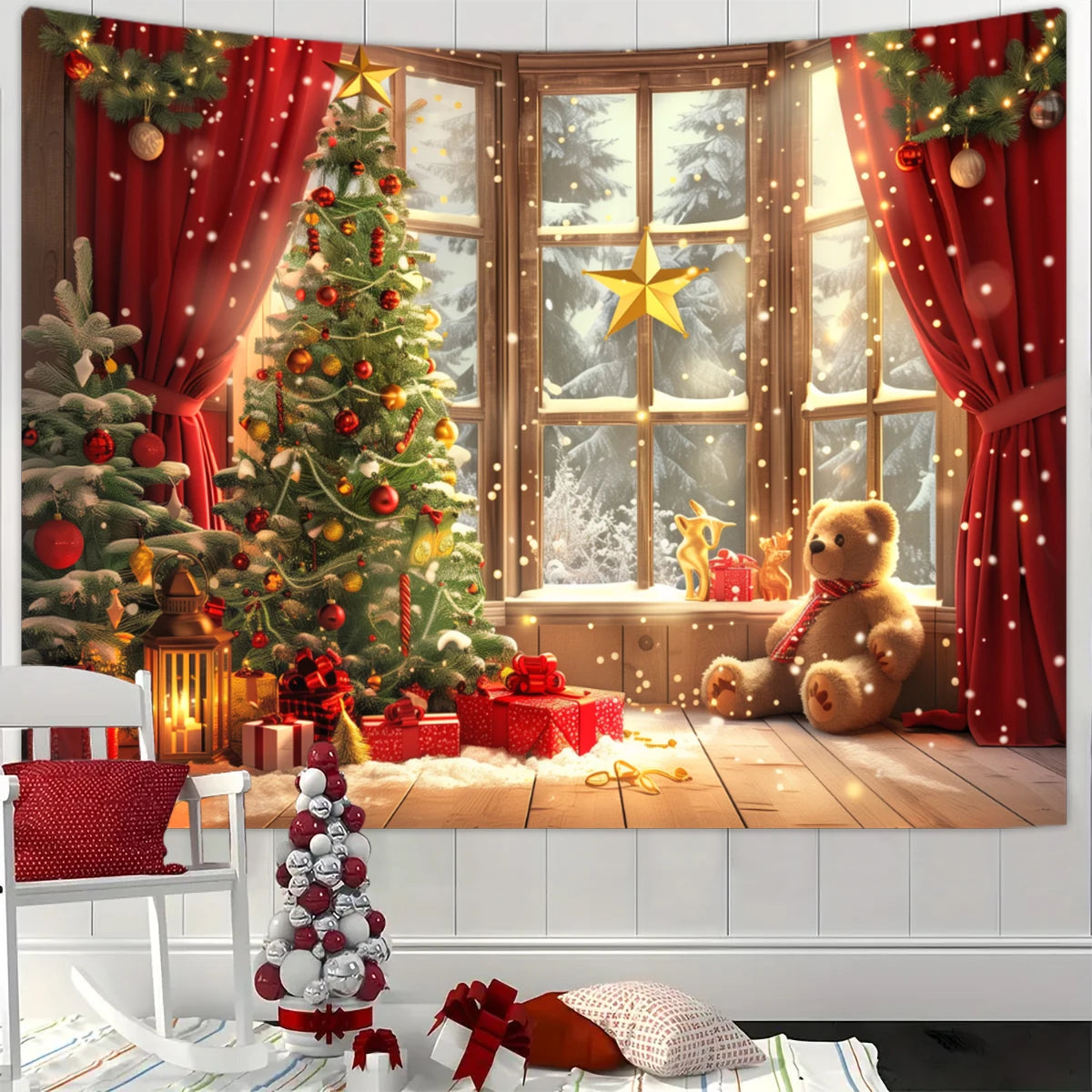 1pc Christmas tapestry, snow background banner outside the Christmas tree window, Christmas fireplace tapestry