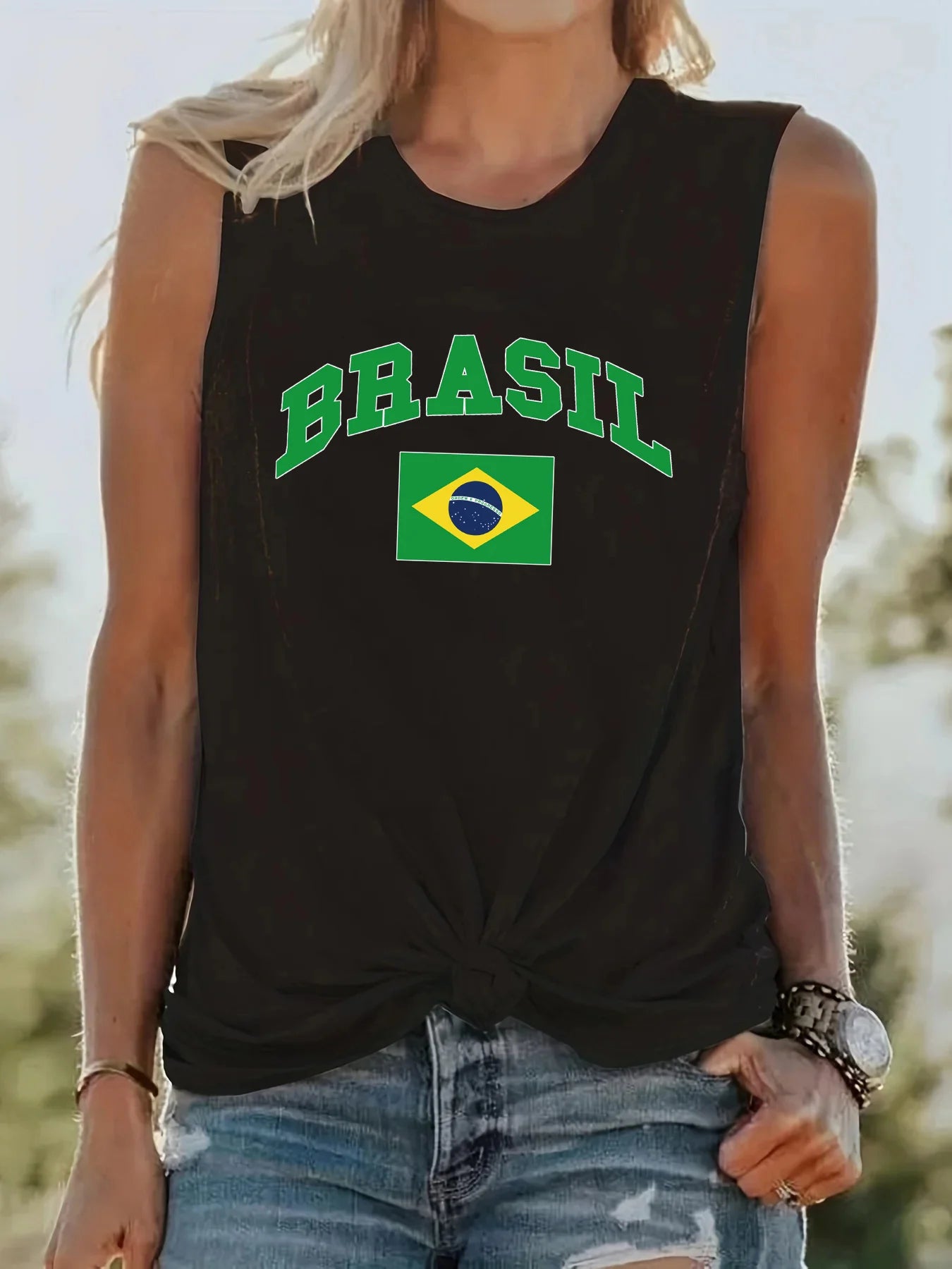 Women's Summer BRASIL Pattern Print Large Casual Round Neck Sleeveless Loose Tank Top T-shirt