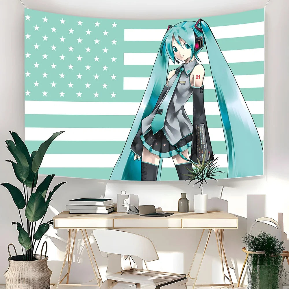1 Pc Miku American Flag Tapestry Anime Background Decoration Dormitory Bedhead Tapestry Living Room Sofa Background Cloth