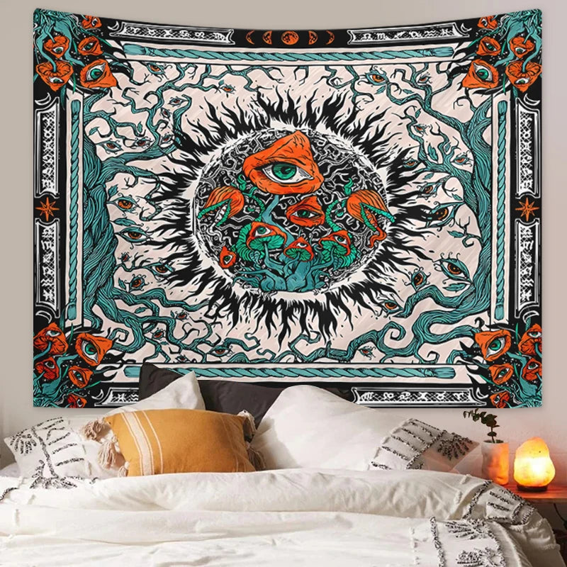 1pc Bohemian burning sun mushroom octopus tapestry, psychedelic eye marine creature tapestry