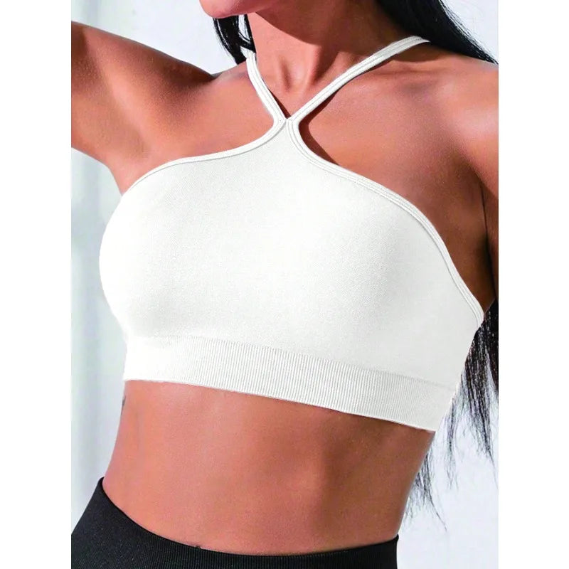 Women's Criss Cross Slim Fit Sports Cami Top Seamless Halter Crop Tee Shirt Tops Workout Tops