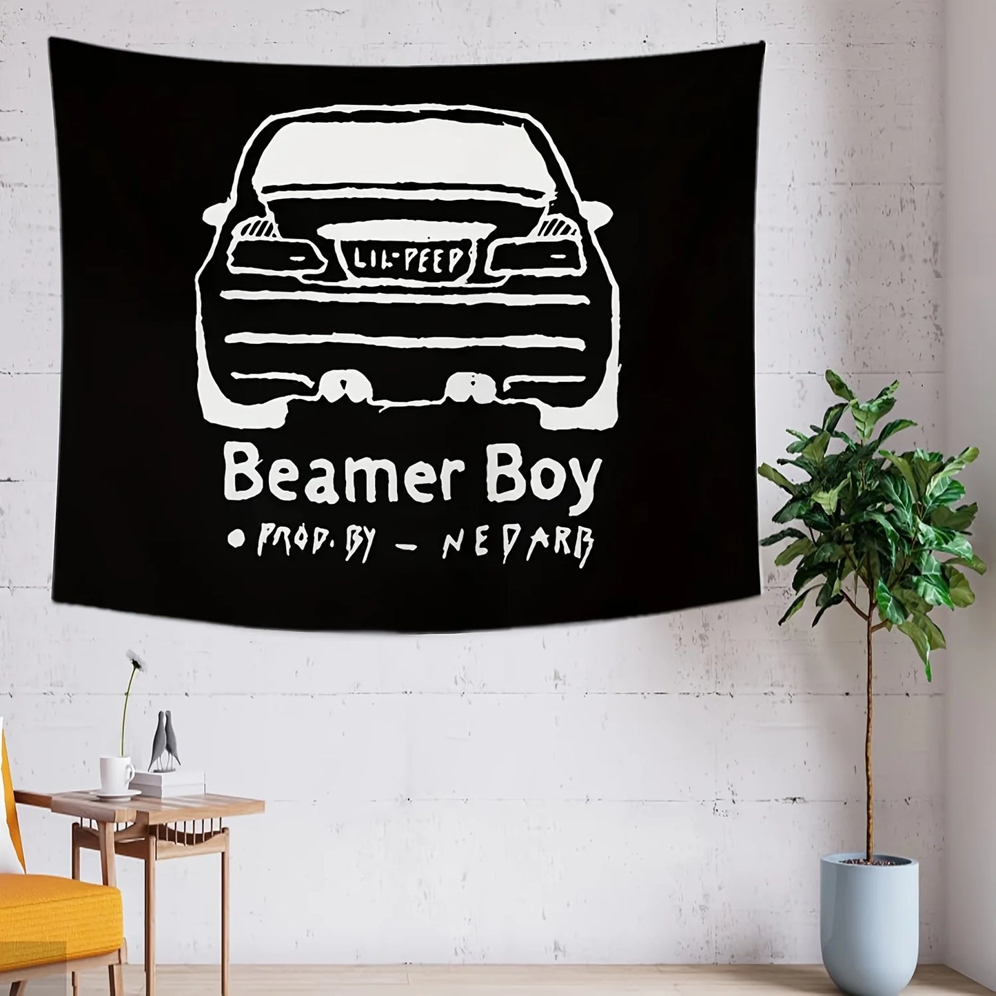 1pc Beamer Boy Music-Themed Tapestry - Black Cartoon Car Print Wall Hanging with Lil Peep Album Art Perfect for Dorms