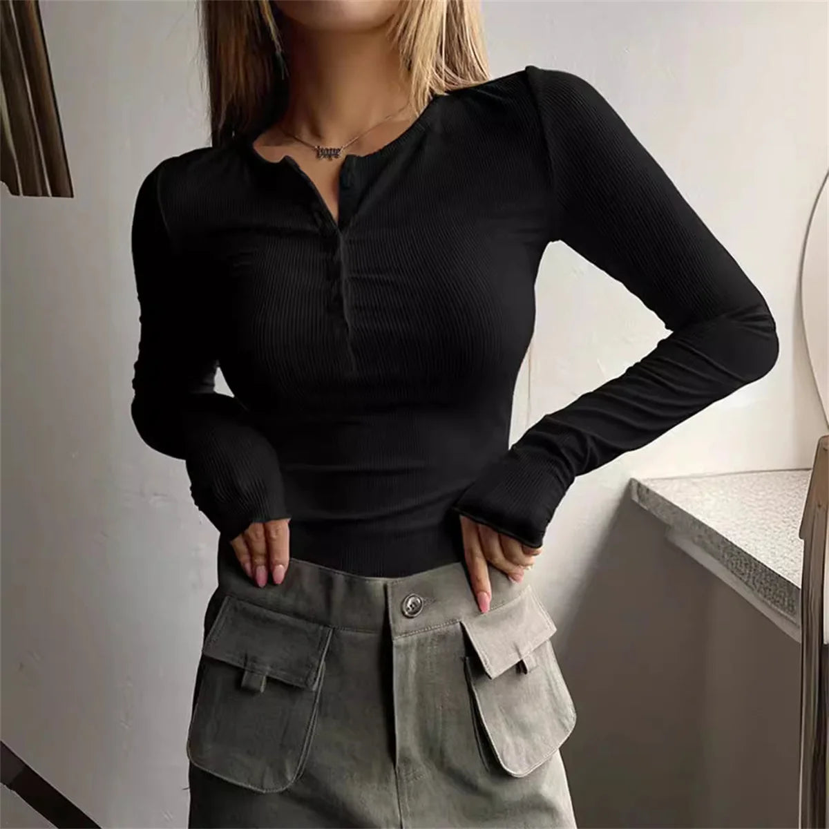 Women's Plain Half Button Front Ribbed Tee Y2K Slim Sexy Basic Pullover Shirt Casual Fit Long Sleeve Round Neck Solid T shirts