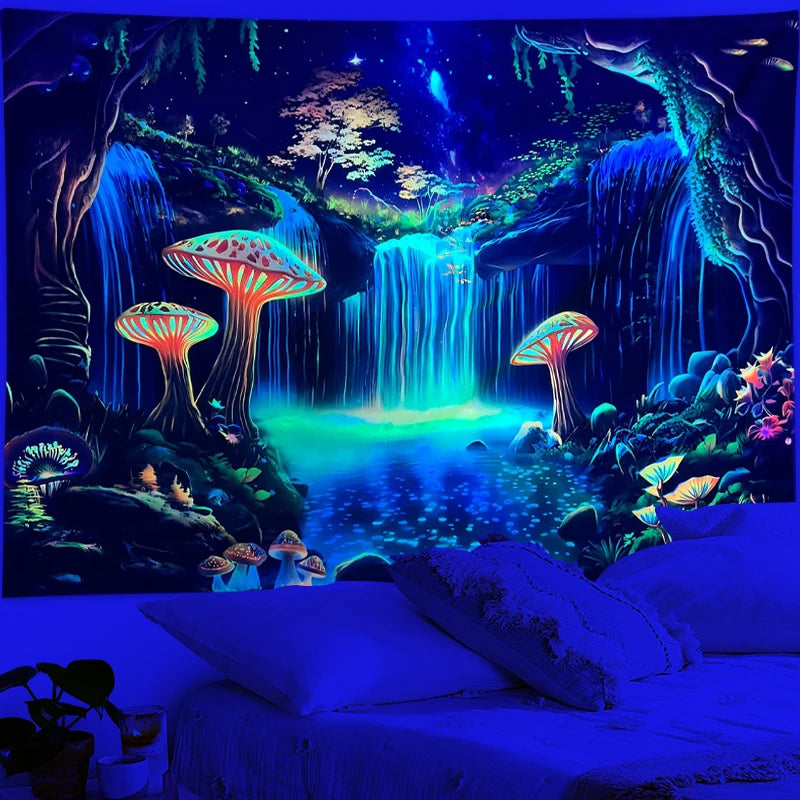 1pc Fluorescent fantasy mushroom forest tapestry, UV responsive waterfall landscape tapestry, psychedelic starry sky tapestry