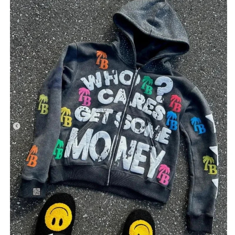 Y2K trendy letter pattern loose casual comfortable hooded zipper retro hoodie jacket top unisex