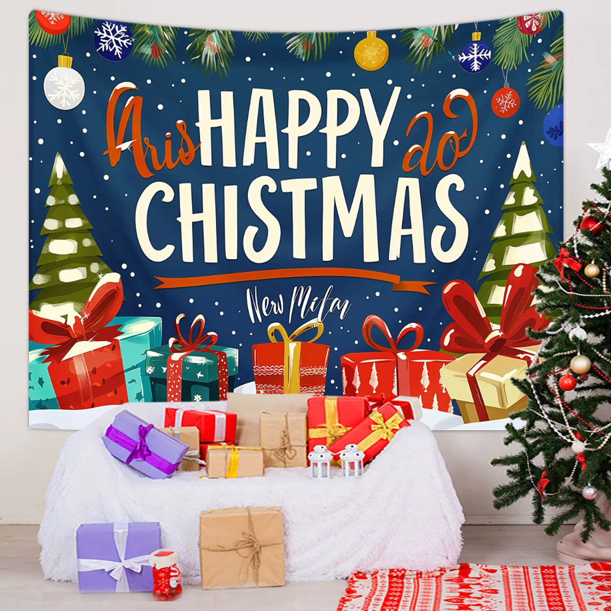 1pc Christmas tapestry, snow background banner outside the Christmas tree window, Christmas fireplace tapestry