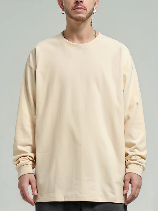 260 Grams Long Sleeved Pure Cotton T Shirt Autumn and Winter Solid O-Neck Tees Couple Loose Casual Top