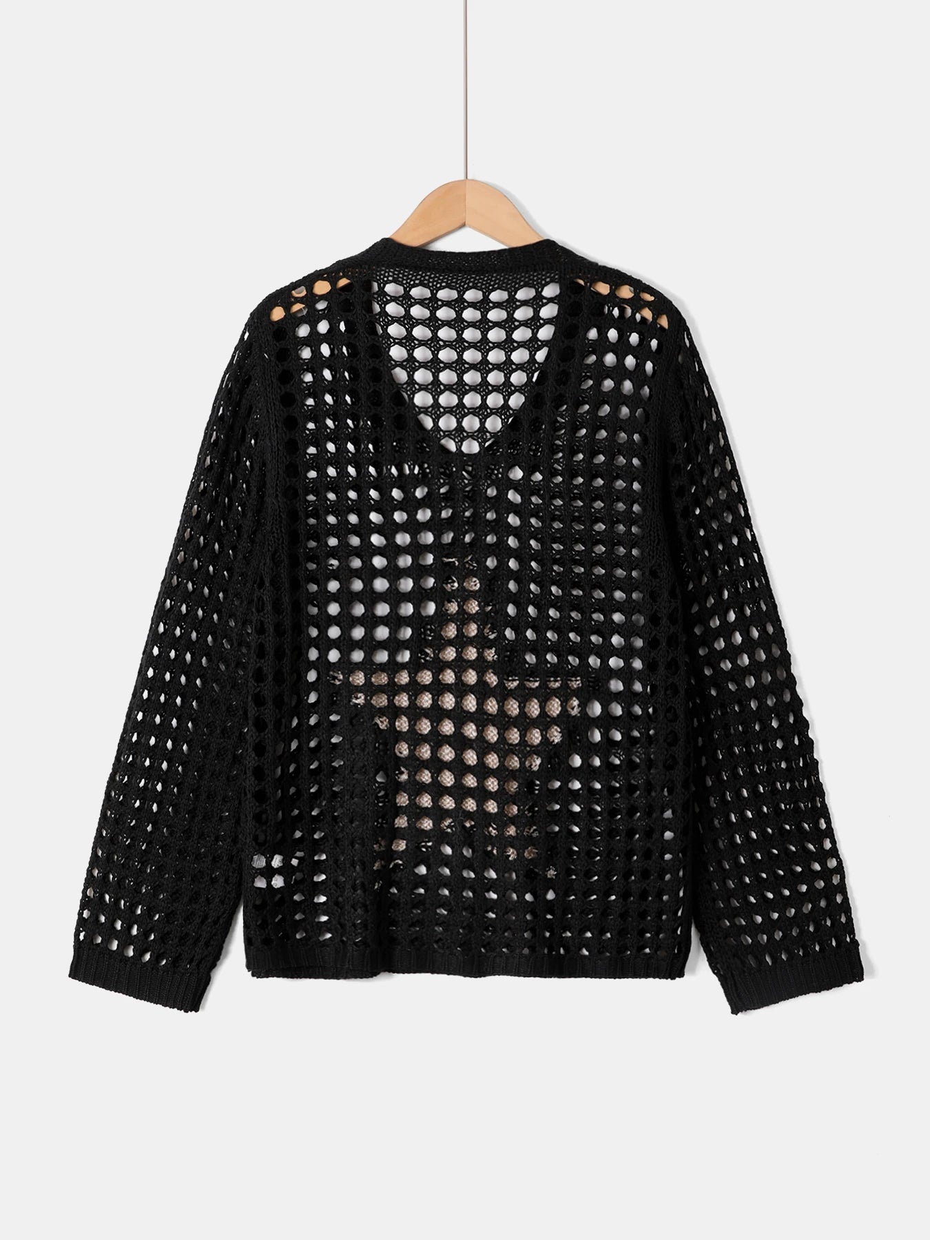 Women'S Lightweight Crochet Knit Top - Casual V-Neck, Long Sleeve Hollow Out Knit with Golden Star Beach Cover-Up, Perfect for S