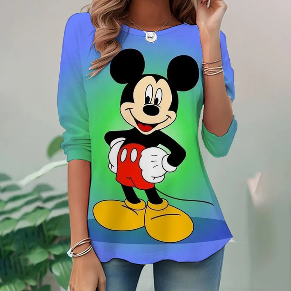 Women's Spring and Autumn New S-3XL Large T-shirt Solid Color Long Sleeve Loose Disney's Mickey Mouse Casual Harajuku Waist T-sh