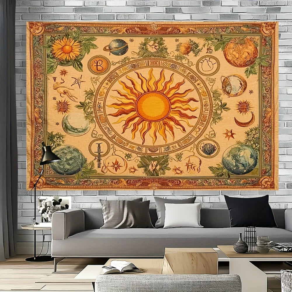 1pc Bohemian celestial tapestry with sun, moon, sunflower and butterfly pattern - Vibrant yellow polyester wall hanging