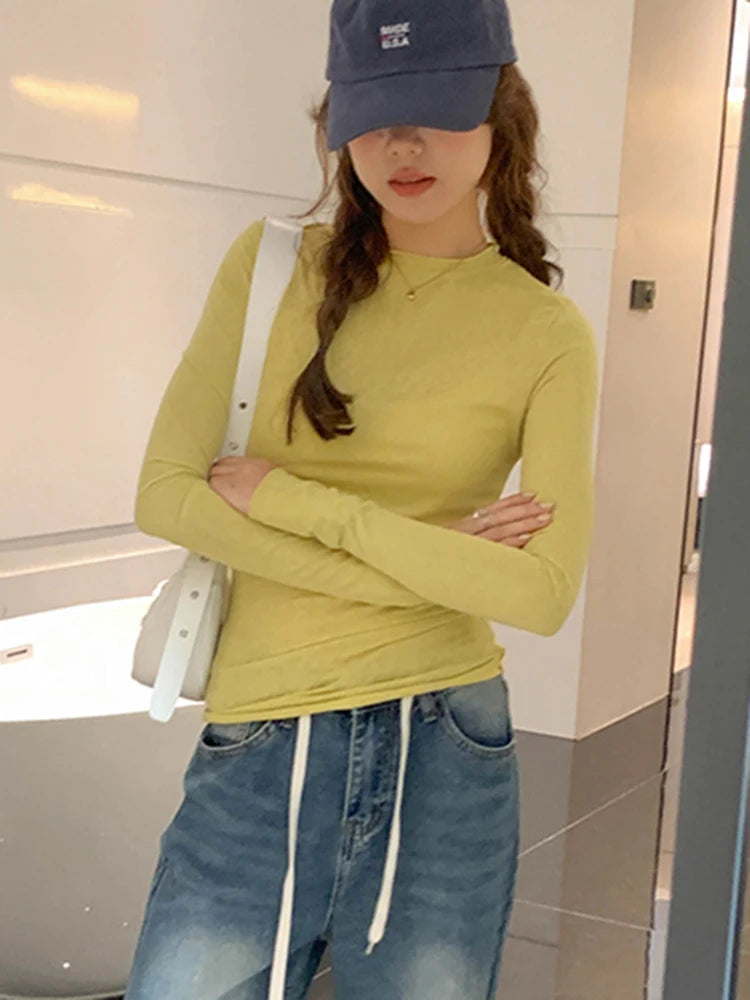 2025 Spring Autumn T shirt Women Tops Solid Slim Fit Long Sleeve O Neck Tshirts Female Casual Streetwear High Quality Base Tees