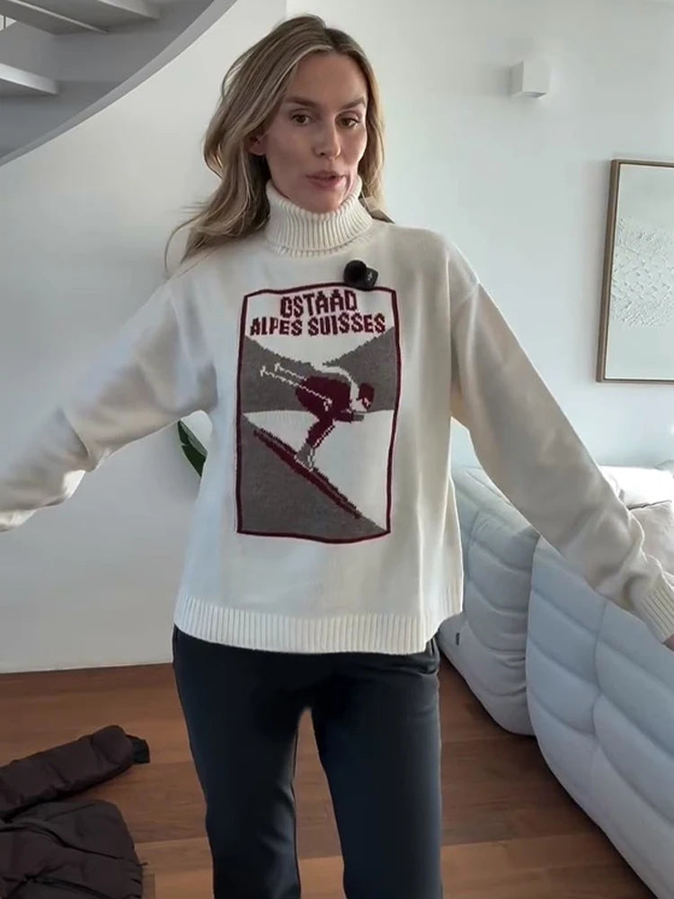 Women's 2 Pcs Suits Printed Pullover Sweater Pants Sets Street Female Turtleneck Long Sleeve Tops High Waist Trousers New Outfit