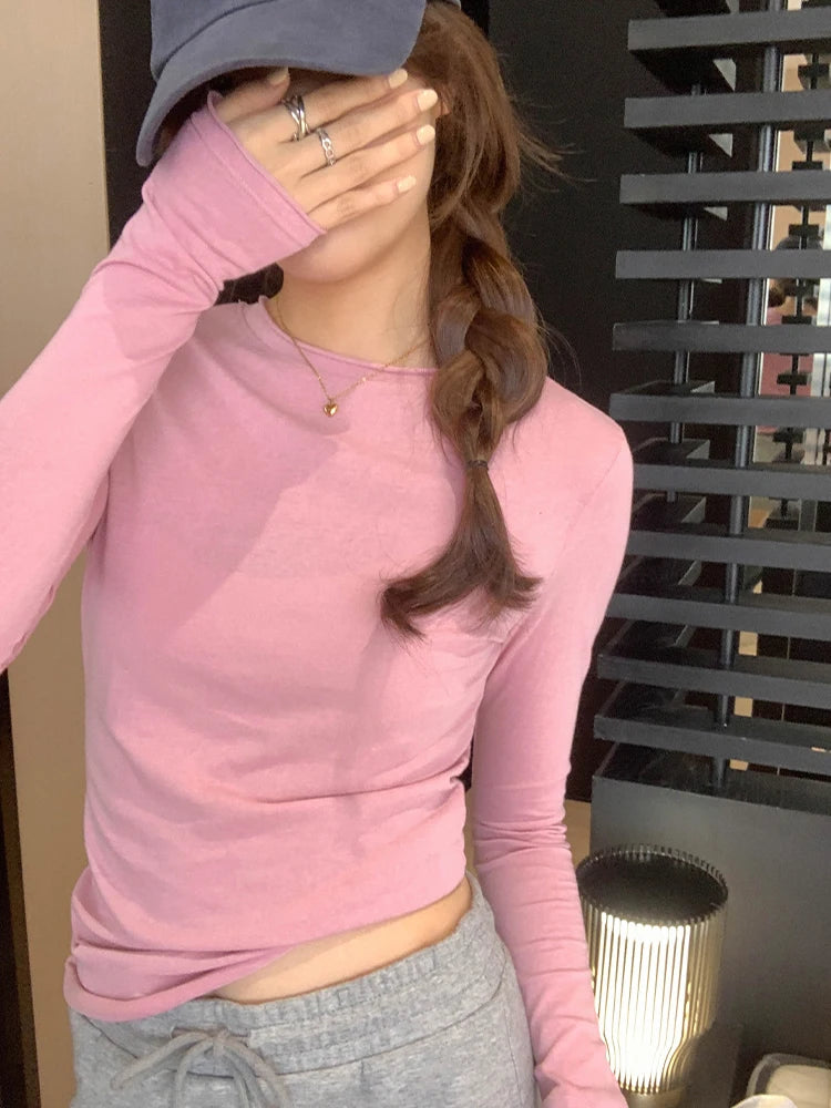 2025 Spring Autumn T shirt Women Tops Solid Slim Fit Long Sleeve O Neck Tshirts Female Casual Streetwear High Quality Base Tees