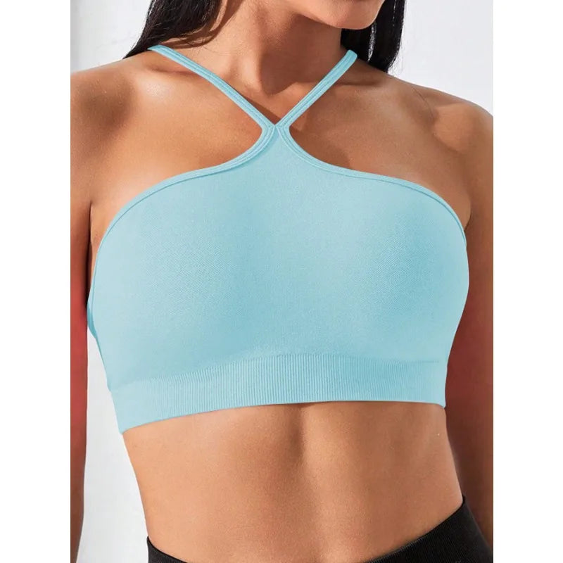 Women's Criss Cross Slim Fit Sports Cami Top Seamless Halter Crop Tee Shirt Tops Workout Tops