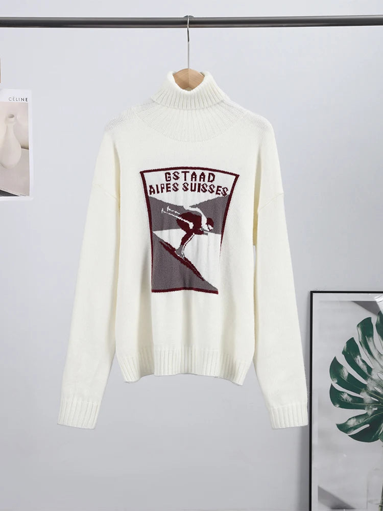 Women's 2 Pcs Suits Printed Pullover Sweater Pants Sets Street Female Turtleneck Long Sleeve Tops High Waist Trousers New Outfit