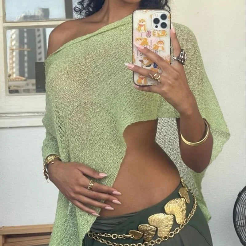 Womens Knitted Sheer Poncho Tops Women Knit Cover-up See-through Solid Irregular Loose Pullover Summer Beach Tops