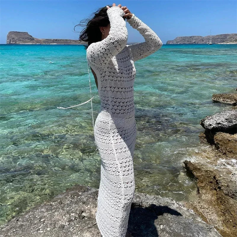 Women's Sexy Backless Lace Up Long Sleeve Knit Dress, Female Swimwear, Swimsuit Cover Up, Crochet Bikini Cover-up, Beach Dress
