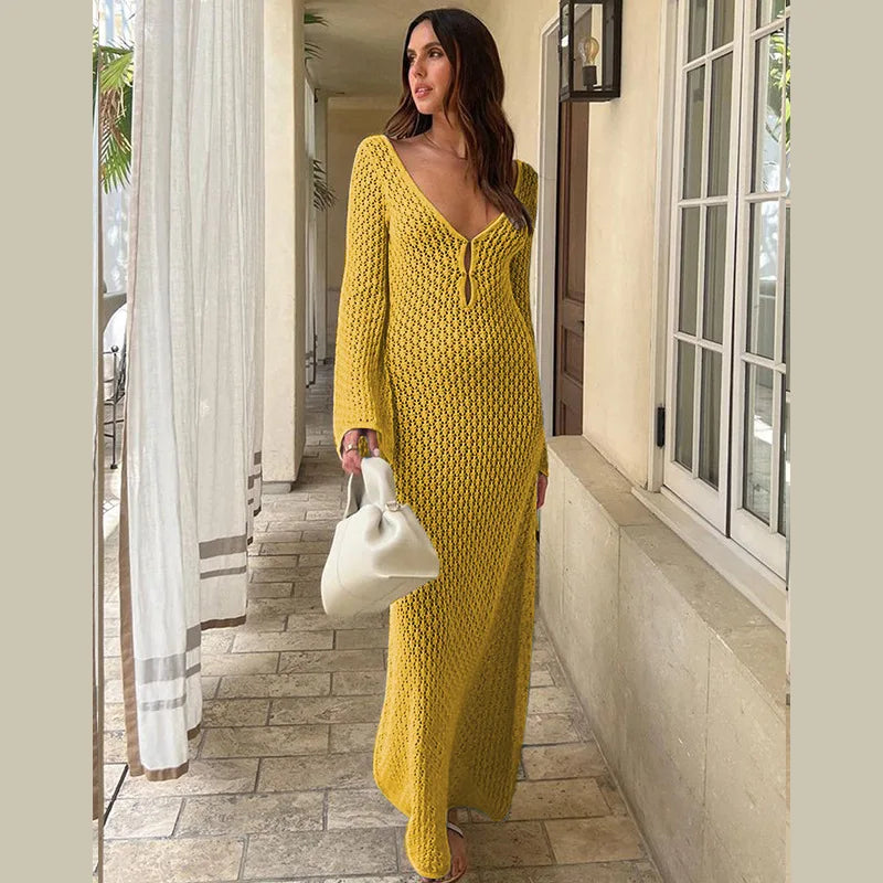 Women's Openwork Knitted Long Dresses 2024 Summer Beach V-Neck Backless Maxi Dress Bikini Cover-ups Beachwear