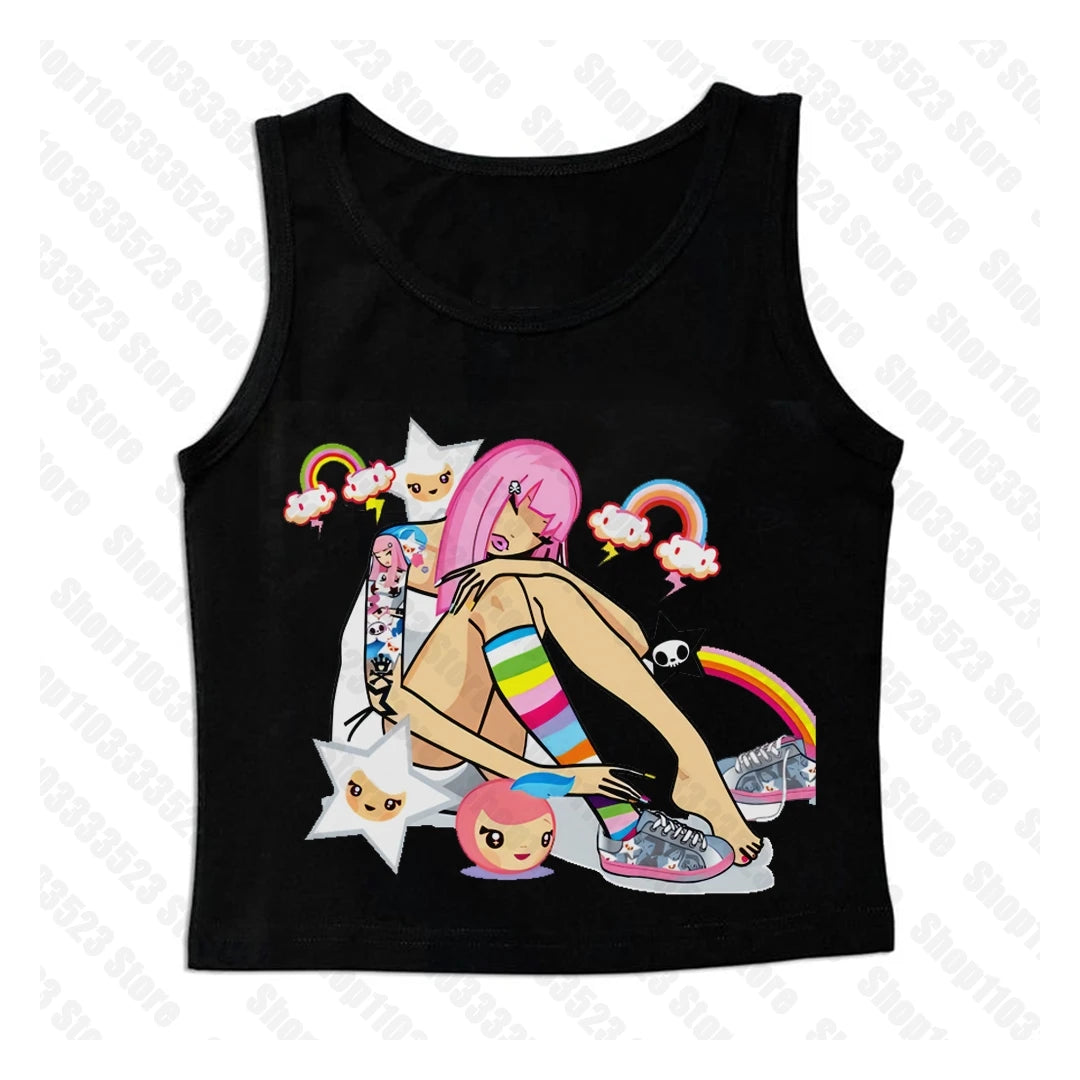 2000s E-girl Goth Women Vest Tank Top Aesthetic Streetwear Vintage Casual Short Sleeve T-Shirts Punk Y2k Style Clothes Baby Tees