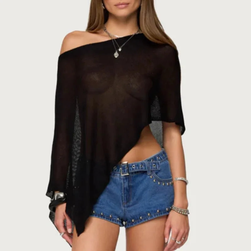 Womens Knitted Sheer Poncho Tops Women Knit Cover-up See-through Solid Irregular Loose Pullover Summer Beach Tops