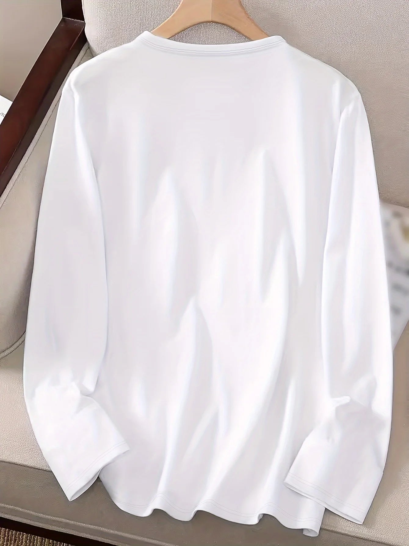 Women's Y2K White Loose Solid Color Long Sleeved T-shirt, Round Neck Wide Version Top, Simple Daily Shirt