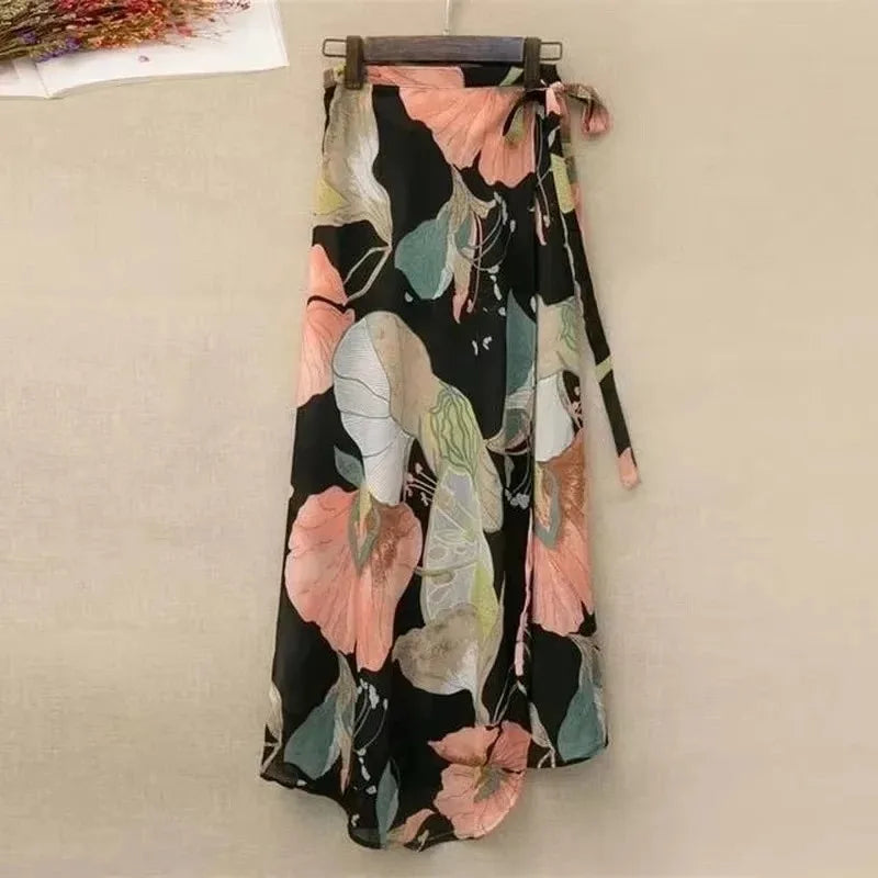 2026 Summer Beach Floral Skirt for Women Cotton High Waist Wrap Maxi Skirt Long with Side Slit & Tie Detail Boho Style Design