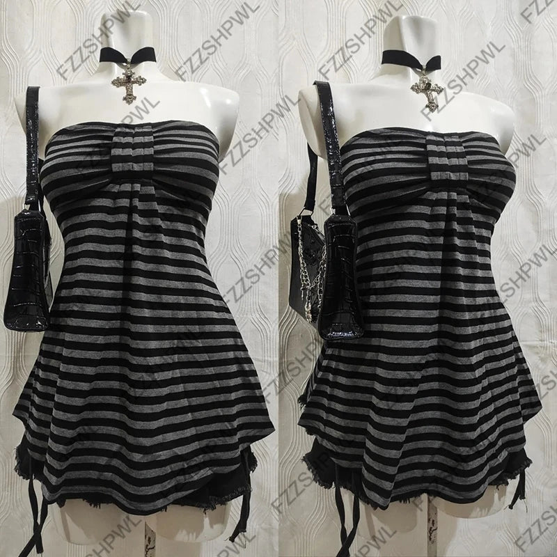 Y2k Tank Top Streetwear Punk Harajuku Stripe Print Unique Crop top Spicy Girls Casua Rock Goth Sleeveless Top Chic Hip Hop Vest