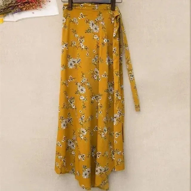 2026 Summer Beach Floral Skirt for Women Cotton High Waist Wrap Maxi Skirt Long with Side Slit & Tie Detail Boho Style Design