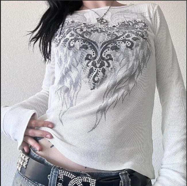 2000s Y2K Cyber Grunge Vintage T-shirt Graphic Print O Neck Long Sleeve Tee Women Slim Fit Crop Tops EGirl Skater Emo Streetwear