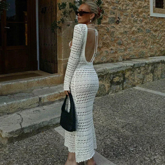 Women's Sexy Backless Lace Up Long Sleeve Knit Dress, Female Swimwear, Swimsuit Cover Up, Crochet Bikini Cover-up, Beach Dress