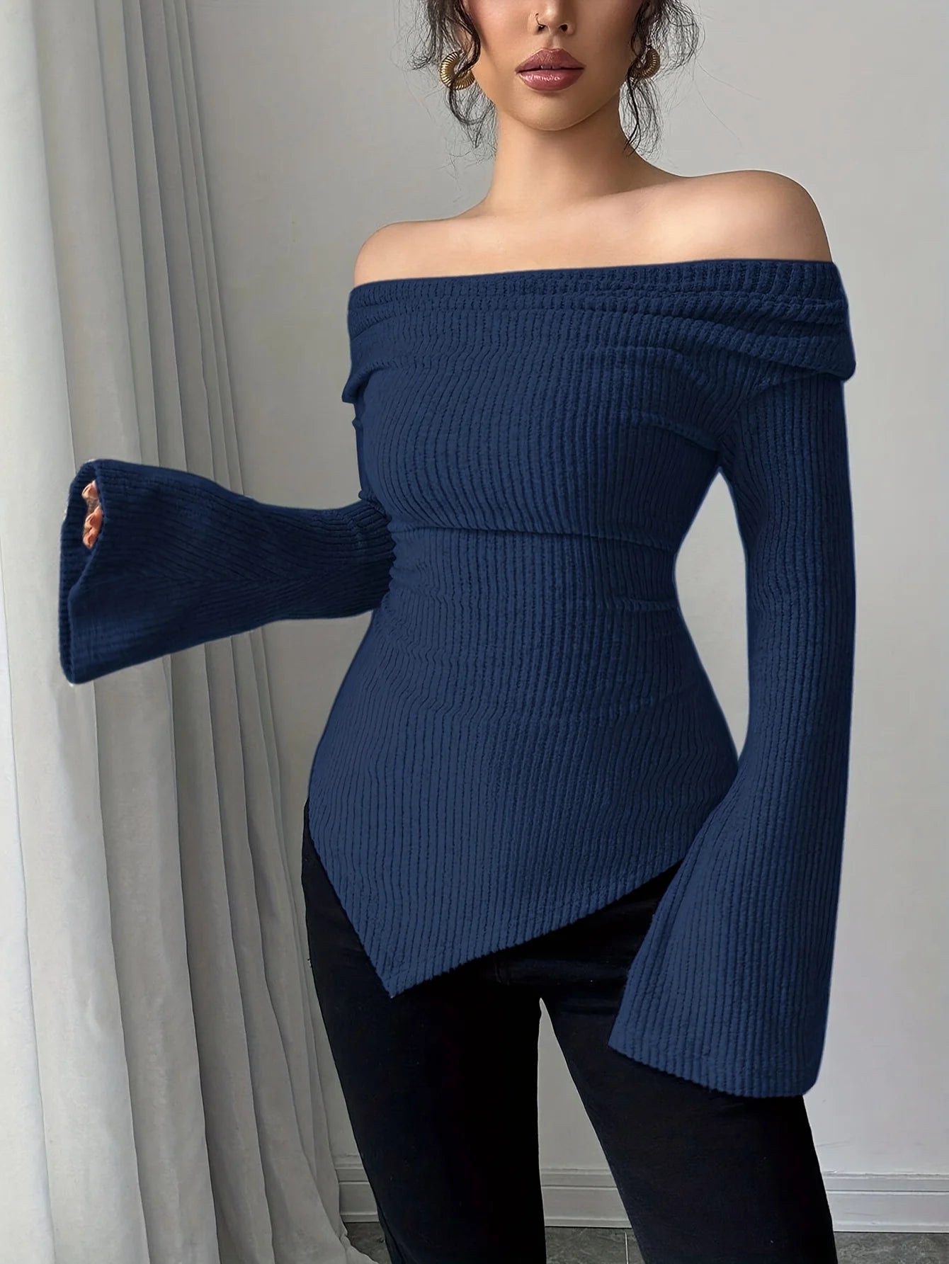 2025 Women Autumn Winter Long Sleeve Y2K Crop Top Trendy Off Shoulder Asymmetrical Fitted Knit V Neck Tee Shirts Tops Streetwear