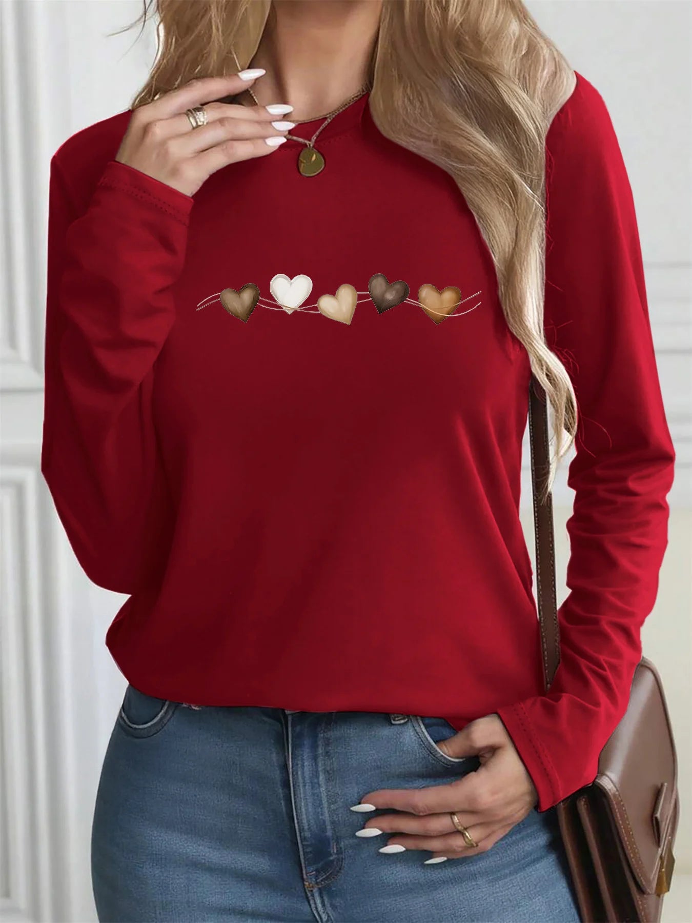 Women's autumn and winter 100% pure cotton fashionable casual heart-shaped printed round neck long sleeved T-shirt top