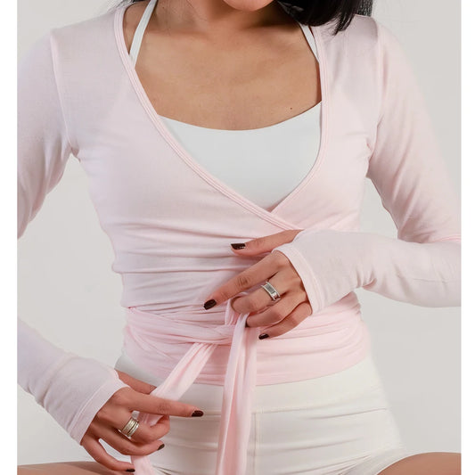 Women Sexy Wrap Crop Tops Tees Long Sleeve Deep V Neck Tie Workout Ballet Pilates Yoga T-Shirts with Thumb Holes Cropped Tops