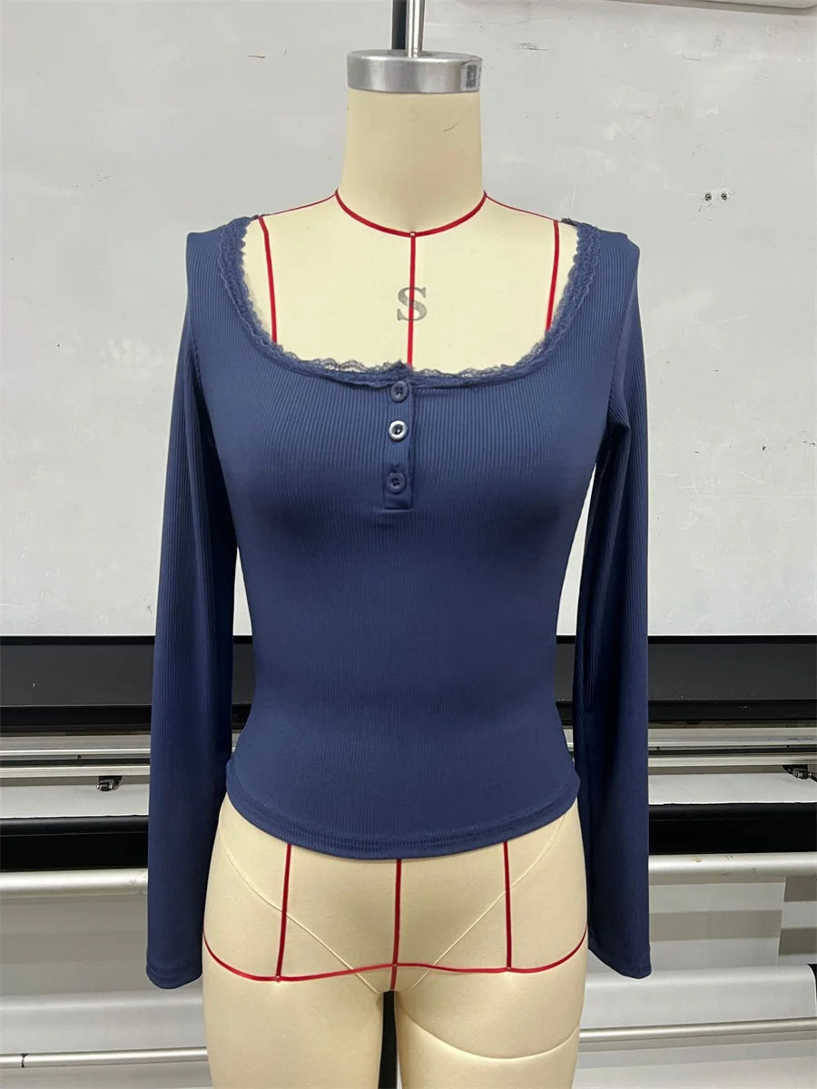 Women's 2026 New Spring Fall Lace Trim Base Blouse V-Neck Button Down Long Sleeve T-shirt Casual Knitted Slim Fit Fashion Top