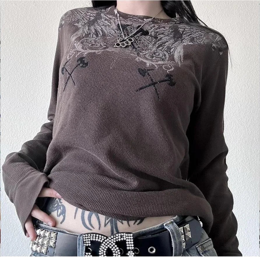 2000s Y2K Cyber Grunge Vintage T-shirt Graphic Print O Neck Long Sleeve Tee Women Slim Fit Crop Tops EGirl Skater Emo Streetwear