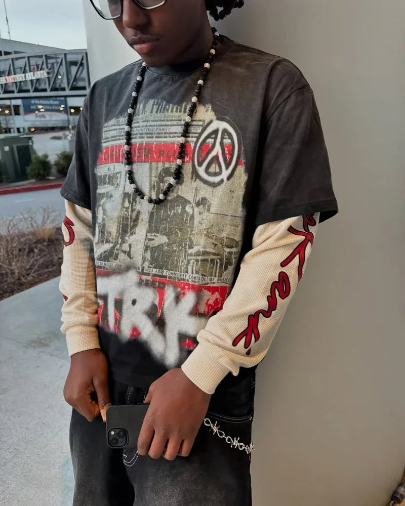 Y2k High Street Clothing Harajuku Letter Pattern Oversized T-shirt Men's Trendy Fashion Casual Loose Fake Two Piece Top