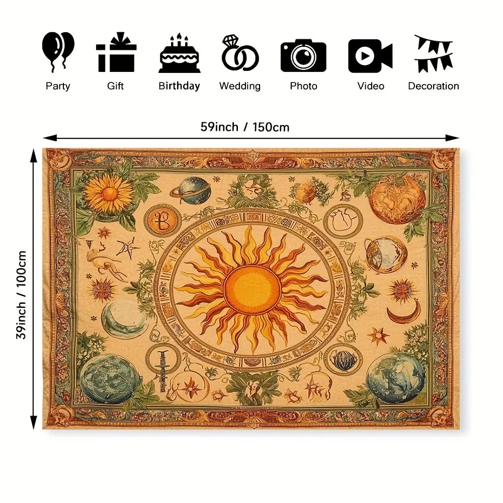 1pc Bohemian celestial tapestry with sun, moon, sunflower and butterfly pattern - Vibrant yellow polyester wall hanging