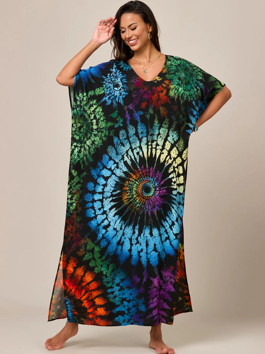 Women's Summer Ethnic Style Kaftan - V-Neck Side Slit Resort Cover-Up Dress for Bikini & Loungewear