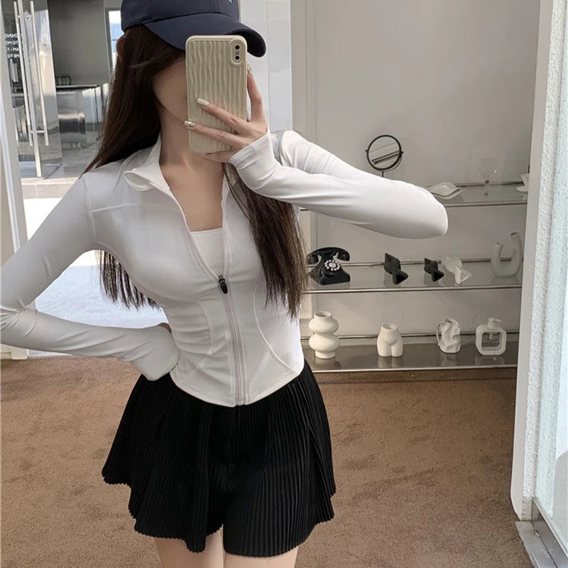 2025 New Slim Fit Long Sleeve T Shirt Women Wild Zipper Up Waist Slimming Yoga Tshirt Woman Tight Stand Collar Crop Tops Female